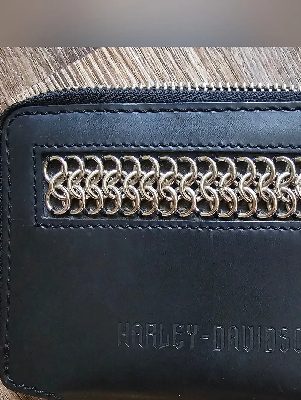 Harley-Davidson Black Leather Zip Wallet with Silver Chain Accent